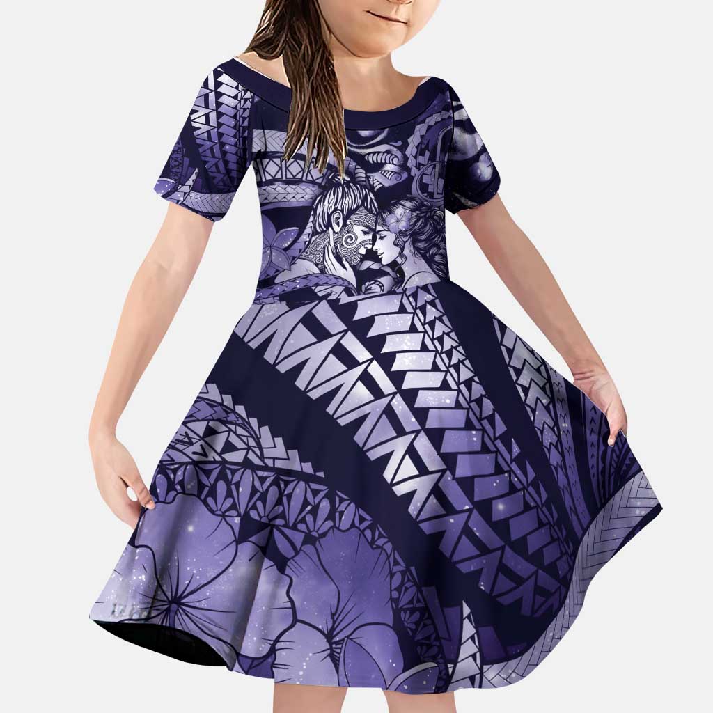 Personalised Maori Romantic Valentine Family Matching Short Sleeve Bodycon Dress and Hawaiian Shirt The Hongi Kiss Purple Galaxy DT05 Daughter's Dress Purple - Polynesian Pride