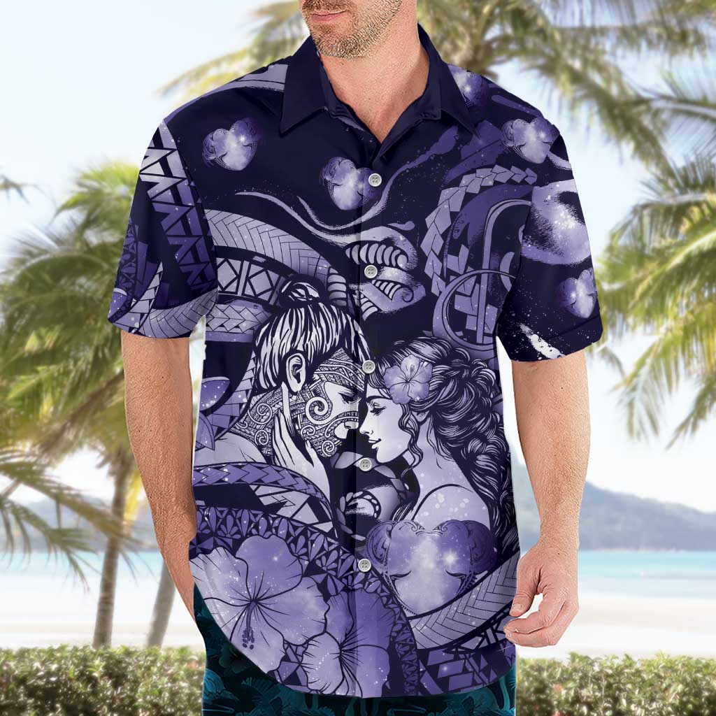 Personalised Maori Romantic Valentine Hawaiian Shirt The Hongi Kiss Purple Galaxy DT05 - Polynesian Pride