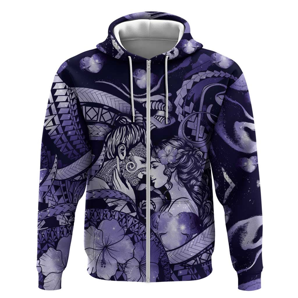Personalised Maori Romantic Valentine Hoodie The Hongi Kiss Purple Galaxy DT05 Zip Hoodie Purple - Polynesian Pride