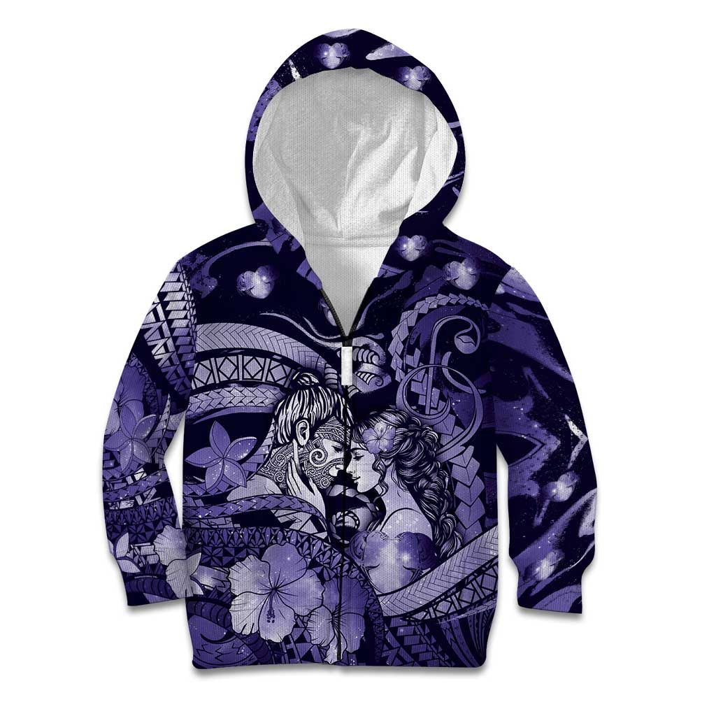 Personalised Maori Romantic Valentine Kid Hoodie The Hongi Kiss Purple Galaxy DT05 Zip Hoodie Purple - Polynesian Pride