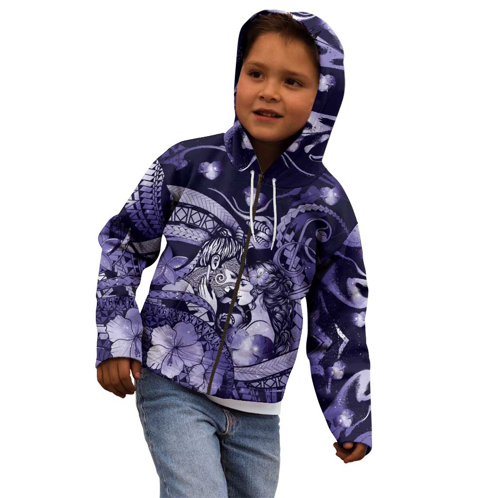 Personalised Maori Romantic Valentine Kid Hoodie The Hongi Kiss Purple Galaxy DT05 - Polynesian Pride