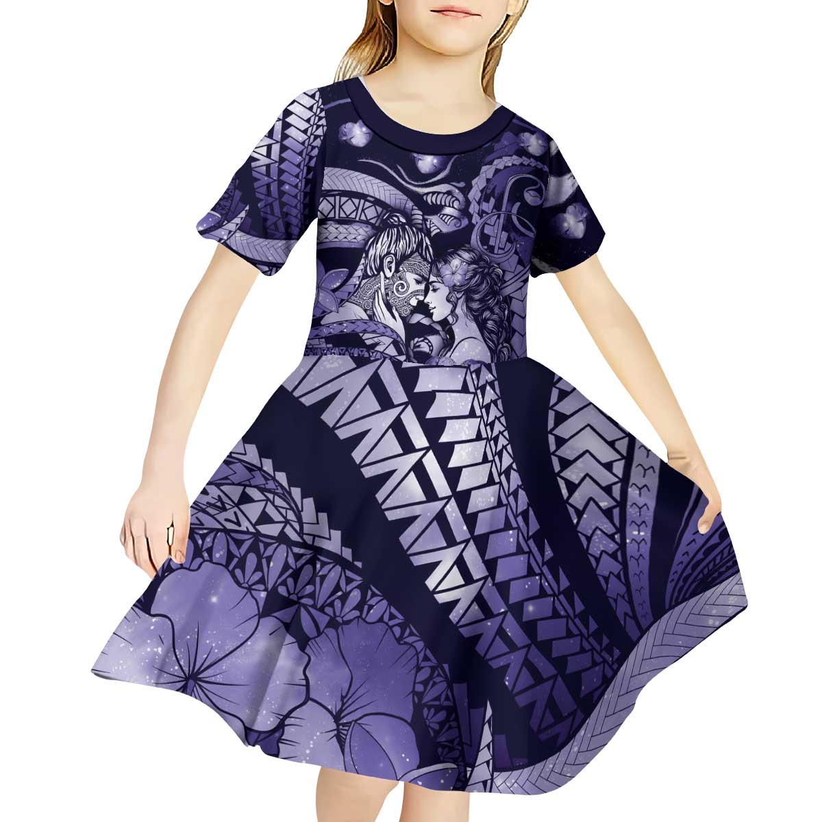 Personalised Maori Romantic Valentine Kid Short Sleeve Dress The Hongi Kiss Purple Galaxy DT05 - Polynesian Pride