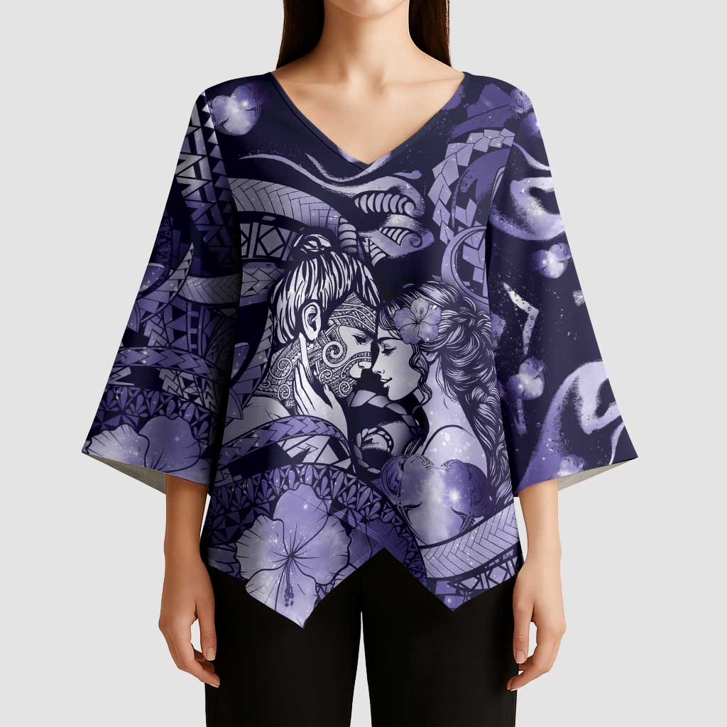 Personalised Maori Romantic Valentine Kimono Sleeve Blouse The Hongi Kiss Purple Galaxy DT05 - Polynesian Pride