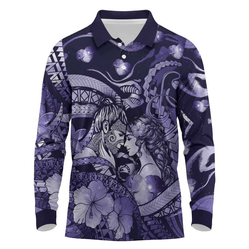 Personalised Maori Romantic Valentine Long Sleeve Polo Shirt The Hongi Kiss Purple Galaxy DT05 Purple - Polynesian Pride