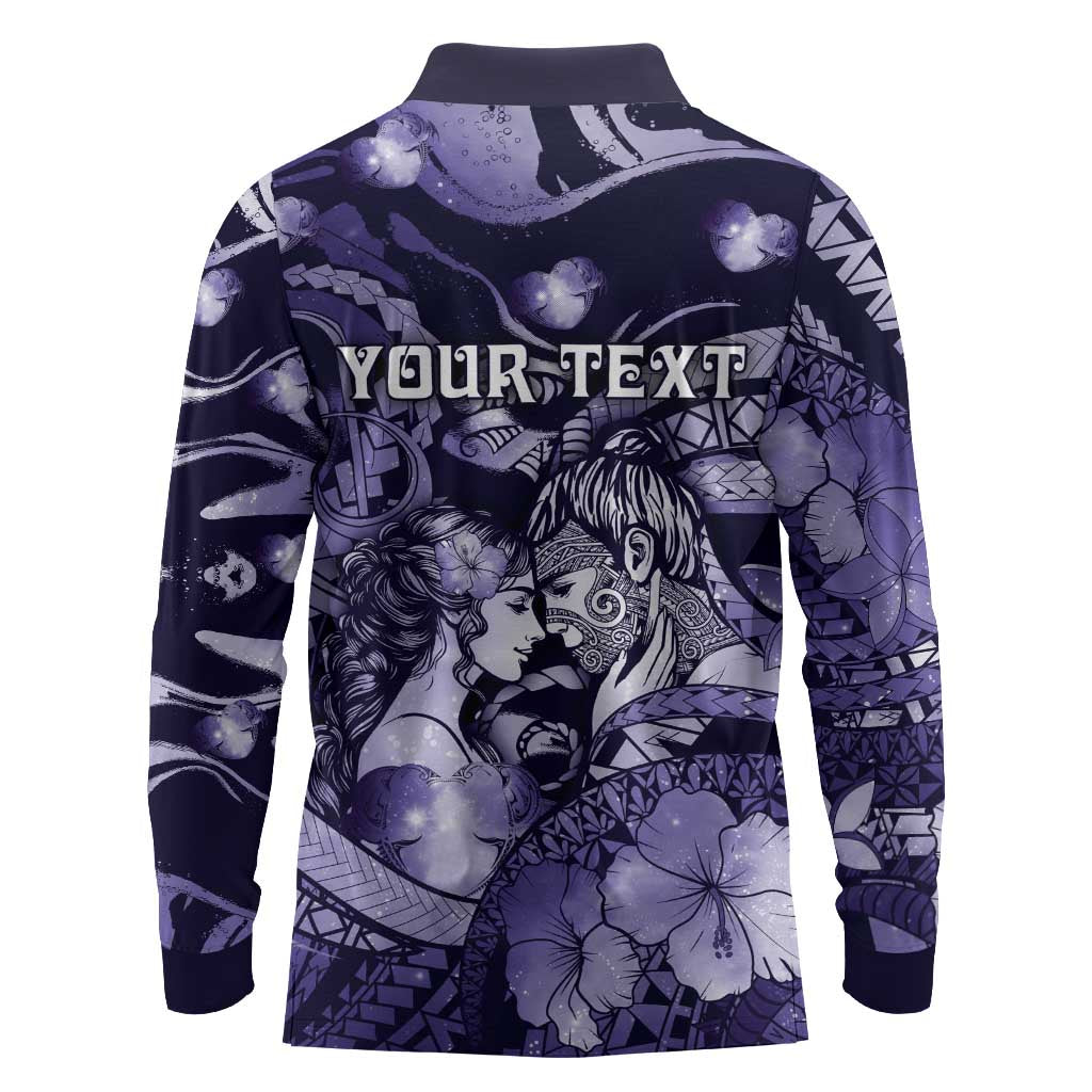Personalised Maori Romantic Valentine Long Sleeve Polo Shirt The Hongi Kiss Purple Galaxy DT05 - Polynesian Pride