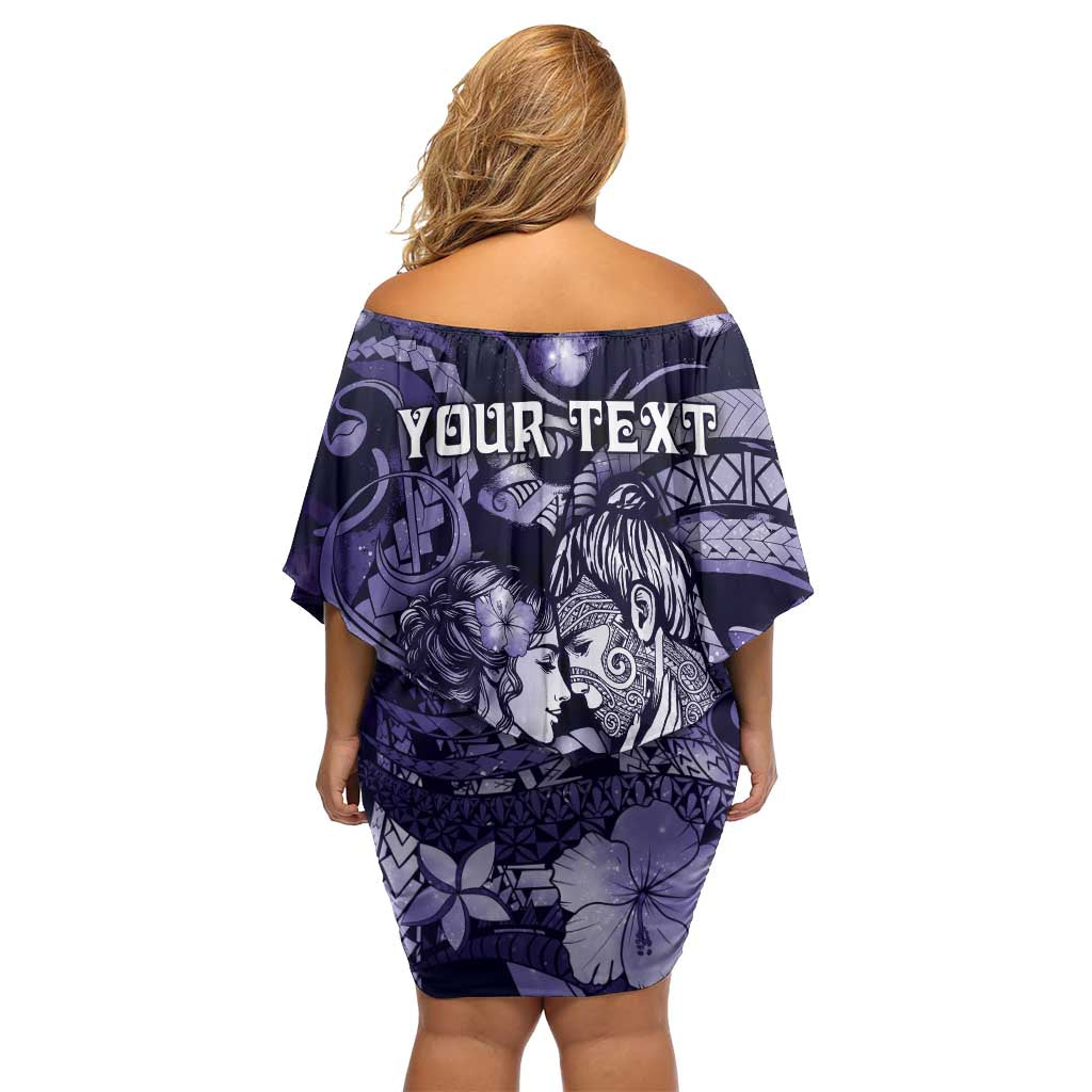 Personalised Maori Romantic Valentine Off Shoulder Short Dress The Hongi Kiss Purple Galaxy DT05 - Polynesian Pride