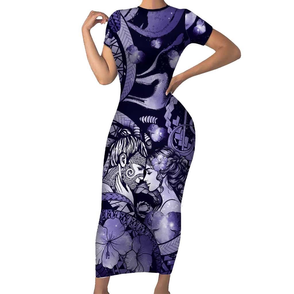 Personalised Maori Romantic Valentine Short Sleeve Bodycon Dress The Hongi Kiss Purple Galaxy DT05 Long Dress Purple - Polynesian Pride