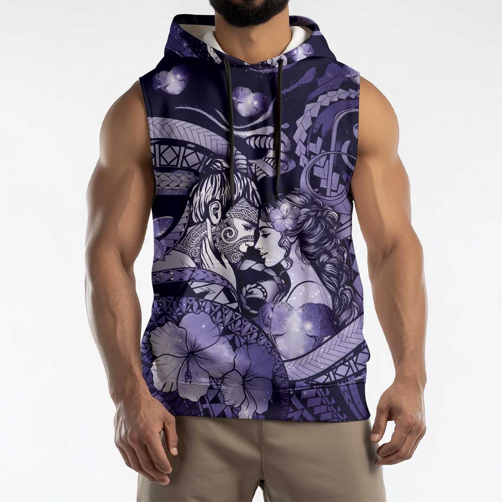 Personalised Maori Romantic Valentine Sleeveless Hoodie The Hongi Kiss Purple Galaxy DT05 - Polynesian Pride