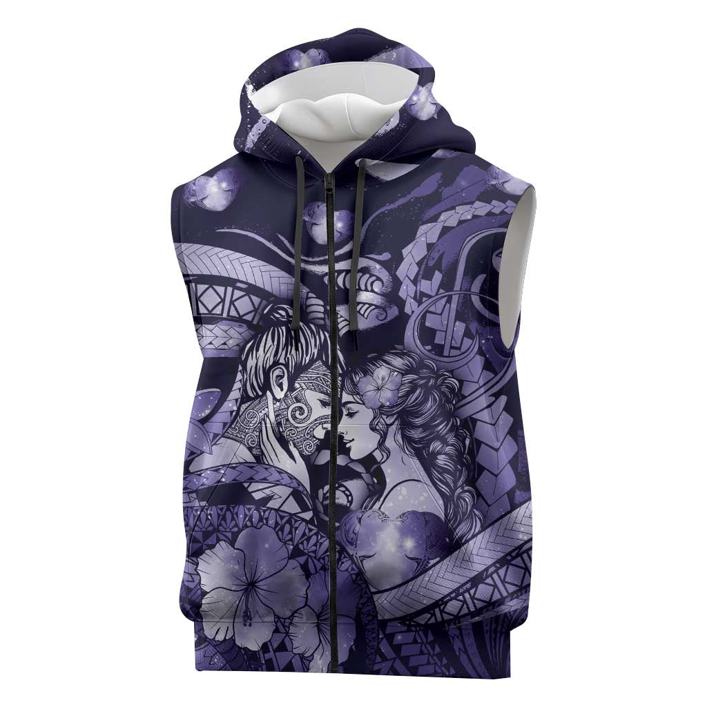 Personalised Maori Romantic Valentine Sleeveless Zip Hoodie The Hongi Kiss Purple Galaxy DT05 Purple - Polynesian Pride