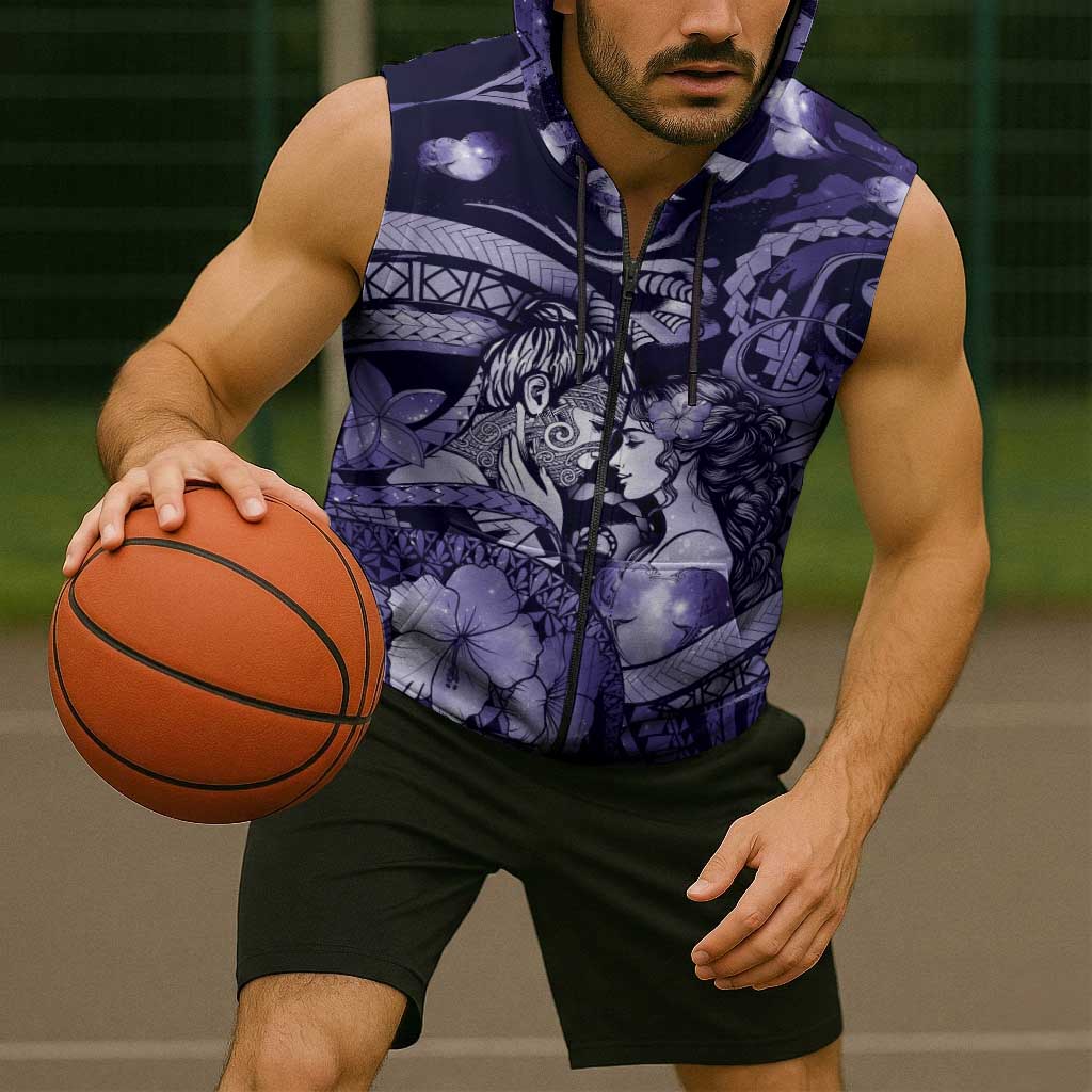 Personalised Maori Romantic Valentine Sleeveless Zip Hoodie The Hongi Kiss Purple Galaxy DT05 - Polynesian Pride