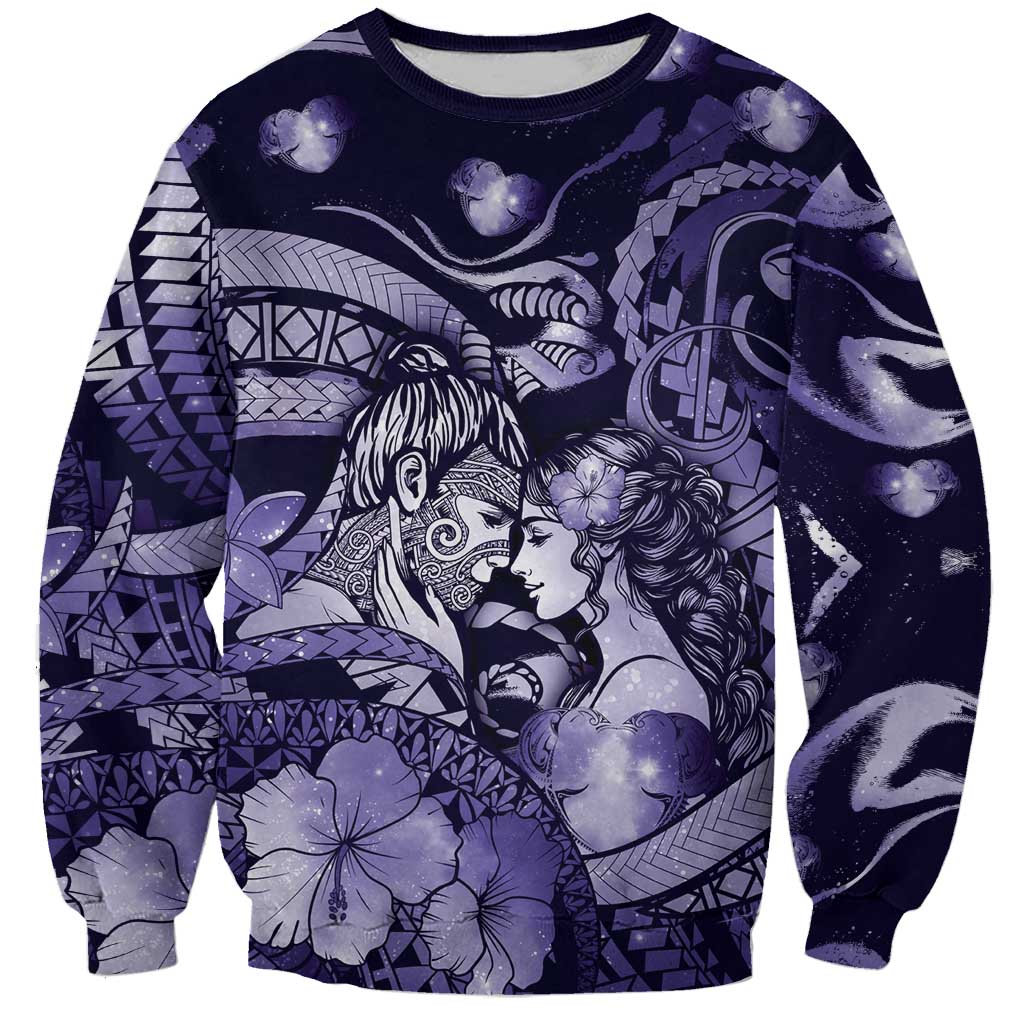 Personalised Maori Romantic Valentine Sweatshirt The Hongi Kiss Purple Galaxy DT05 Unisex Purple - Polynesian Pride