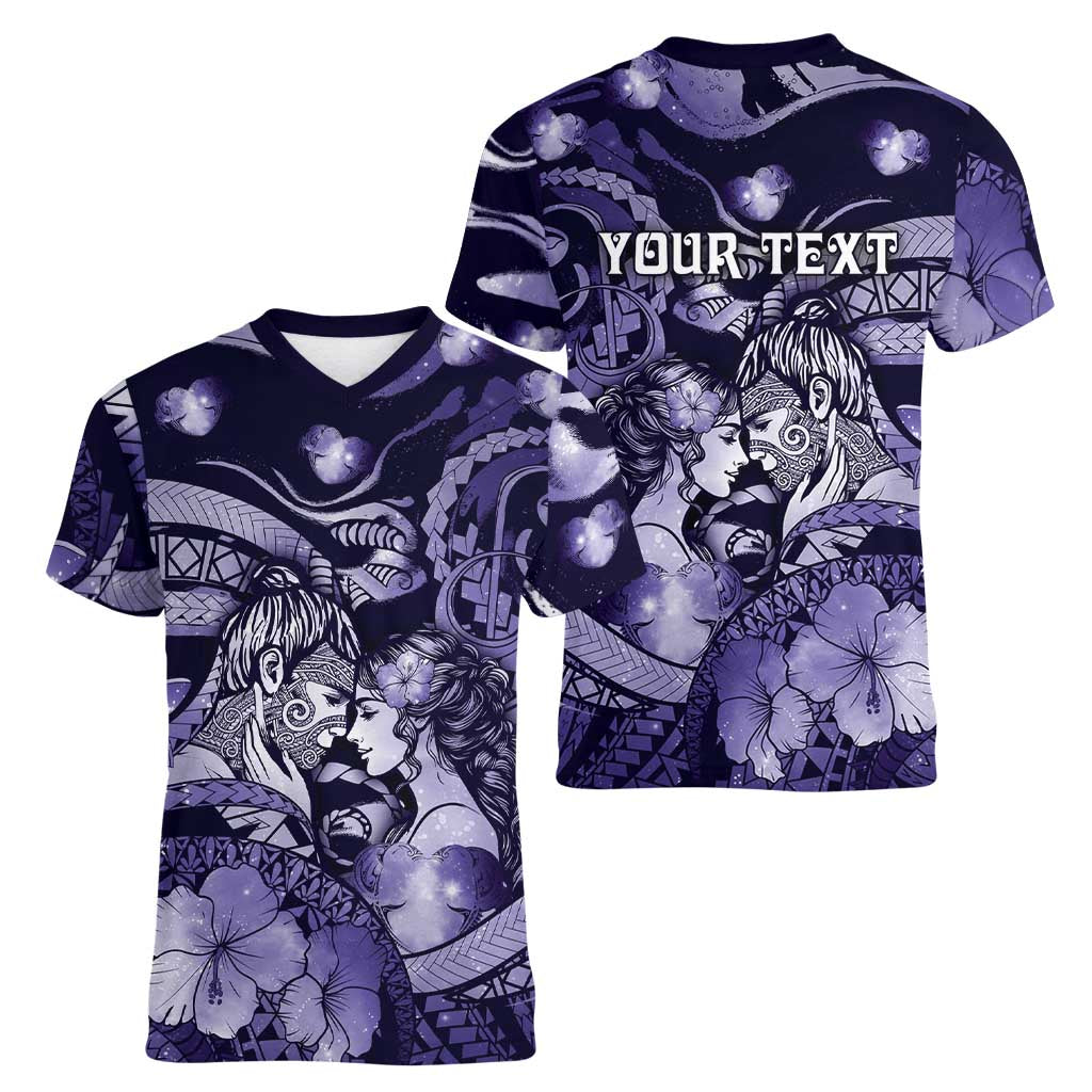 Personalised Maori Romantic Valentine Women V-Neck T-Shirt The Hongi Kiss Purple Galaxy DT05 - Polynesian Pride