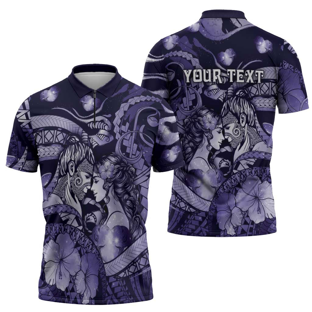 Personalised Maori Romantic Valentine Zipper Polo Shirt The Hongi Kiss Purple Galaxy DT05 - Polynesian Pride