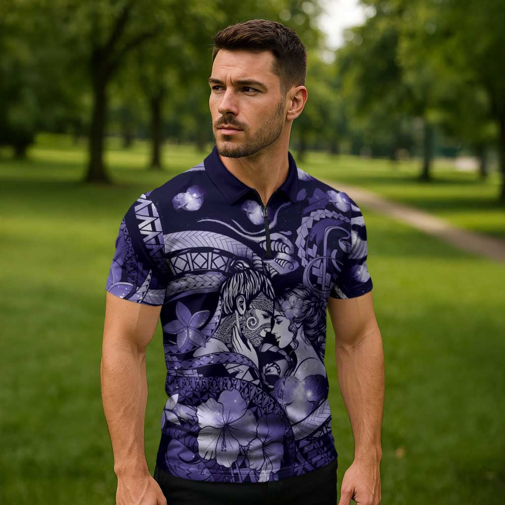 Personalised Maori Romantic Valentine Zipper Polo Shirt The Hongi Kiss Purple Galaxy DT05 - Polynesian Pride