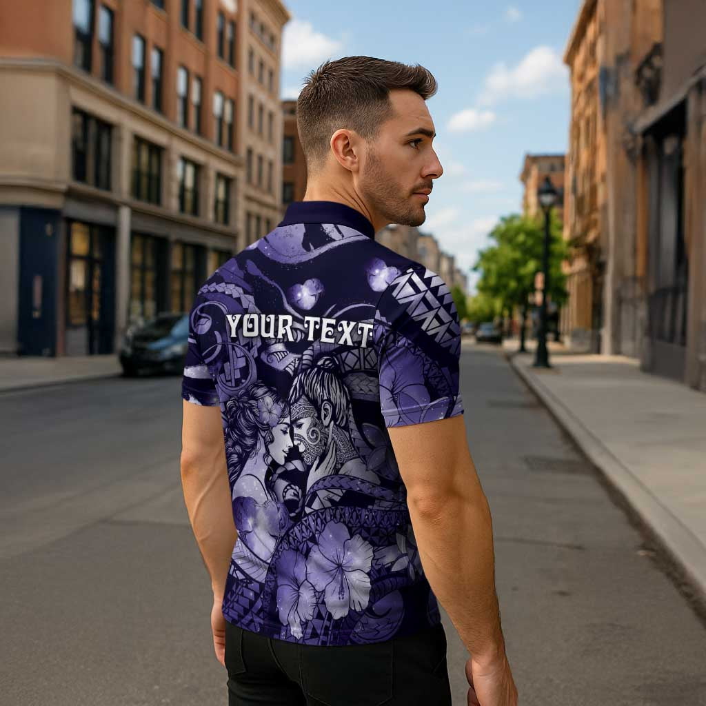 Personalised Maori Romantic Valentine Zipper Polo Shirt The Hongi Kiss Purple Galaxy DT05 - Polynesian Pride