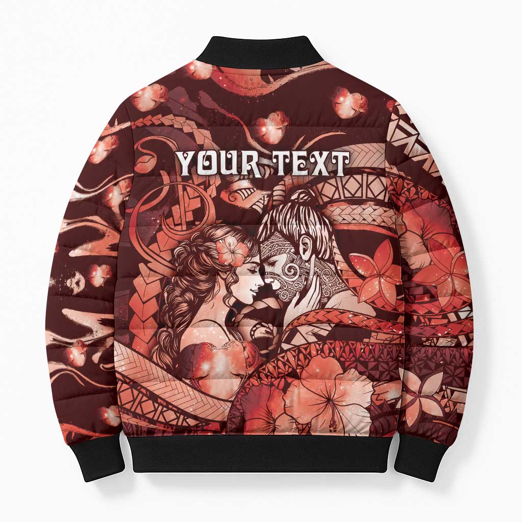Personalised Maori Romantic Valentine Bomber Puffer Jacket The Hongi Kiss Red Galaxy