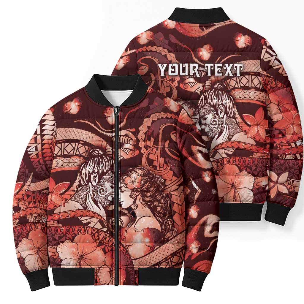 Personalised Maori Romantic Valentine Bomber Puffer Jacket The Hongi Kiss Red Galaxy