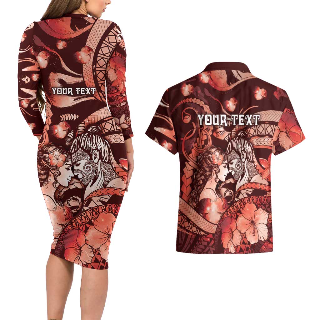 Personalised Maori Romantic Valentine Couples Matching Long Sleeve Bodycon Dress and Hawaiian Shirt The Hongi Kiss Red Galaxy DT05 - Polynesian Pride