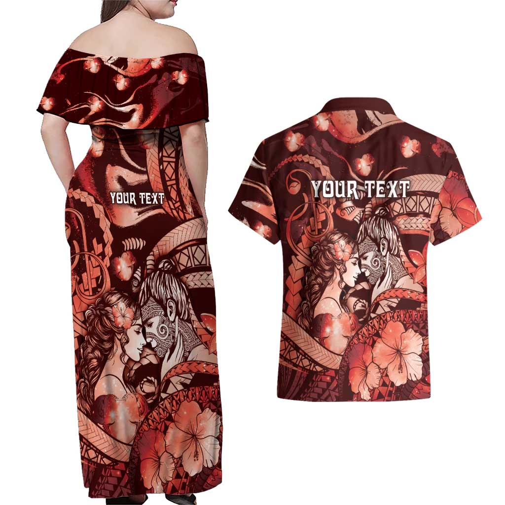 Personalised Maori Romantic Valentine Couples Matching Off Shoulder Maxi Dress and Hawaiian Shirt The Hongi Kiss Red Galaxy DT05 - Polynesian Pride