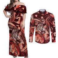 Personalised Maori Romantic Valentine Couples Matching Off Shoulder Maxi Dress and Long Sleeve Button Shirt The Hongi Kiss Red Galaxy DT05 Red - Polynesian Pride