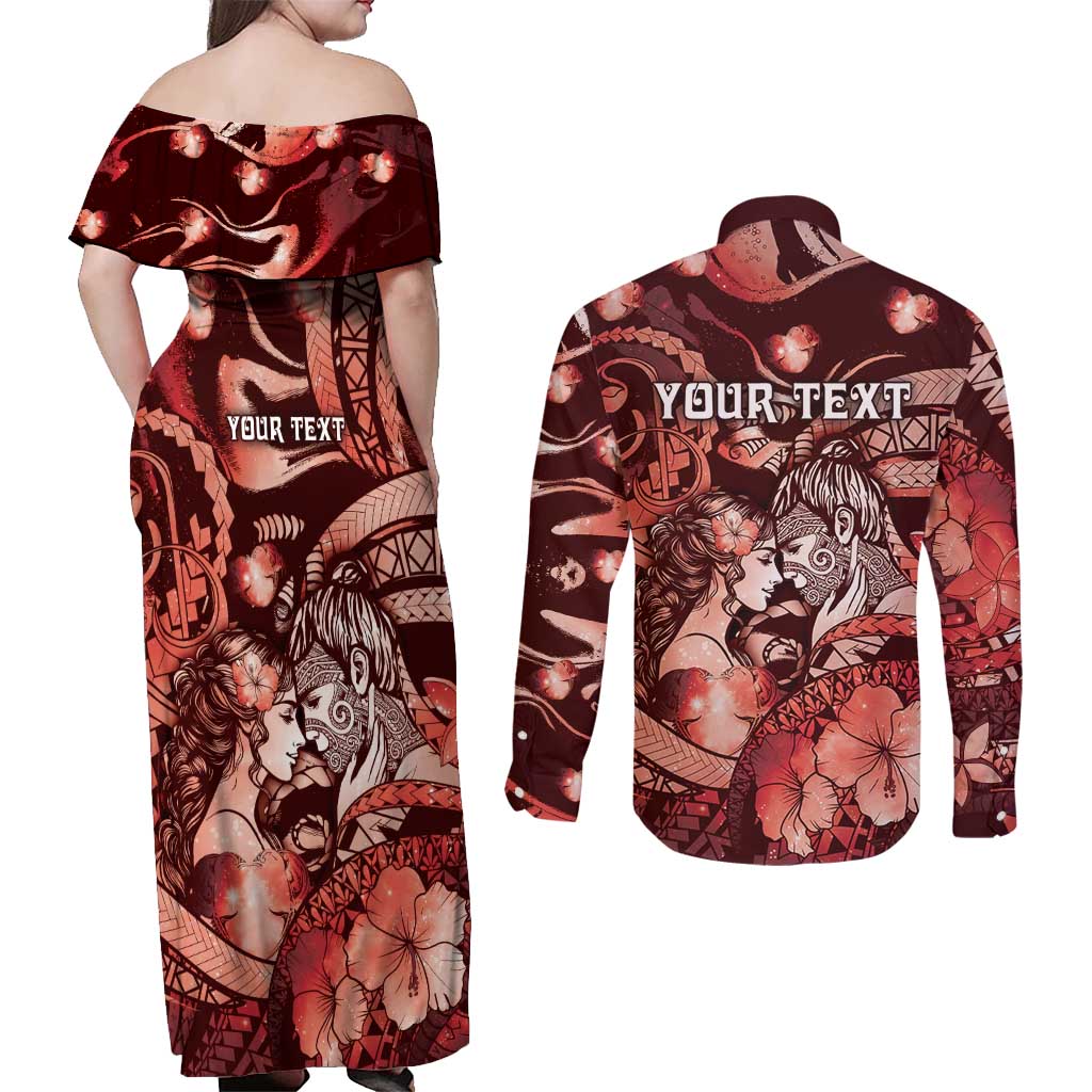 Personalised Maori Romantic Valentine Couples Matching Off Shoulder Maxi Dress and Long Sleeve Button Shirt The Hongi Kiss Red Galaxy DT05 - Polynesian Pride