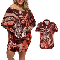Personalised Maori Romantic Valentine Couples Matching Off Shoulder Short Dress and Hawaiian Shirt The Hongi Kiss Red Galaxy DT05 Red - Polynesian Pride