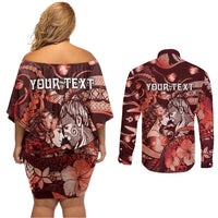 Personalised Maori Romantic Valentine Couples Matching Off Shoulder Short Dress and Long Sleeve Button Shirt The Hongi Kiss Red Galaxy DT05 - Polynesian Pride