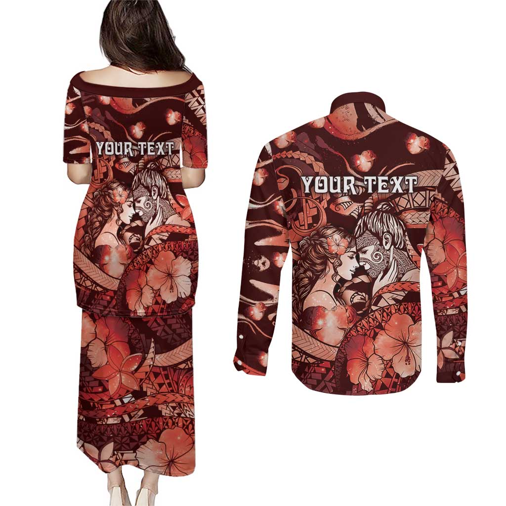 Personalised Maori Romantic Valentine Couples Matching Puletasi and Long Sleeve Button Shirt The Hongi Kiss Red Galaxy DT05 - Polynesian Pride