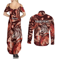 Personalised Maori Romantic Valentine Couples Matching Summer Maxi Dress and Long Sleeve Button Shirt The Hongi Kiss Red Galaxy DT05 - Polynesian Pride