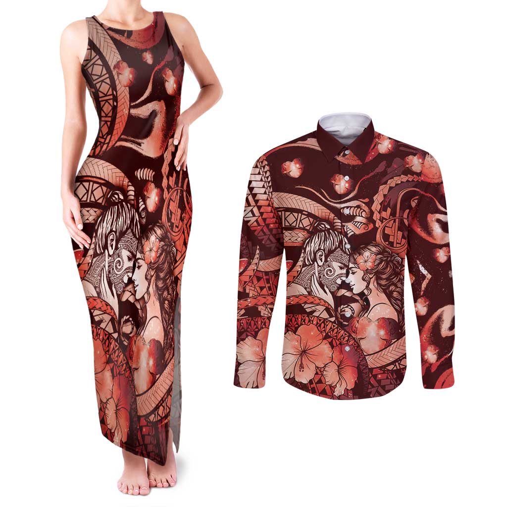 Personalised Maori Romantic Valentine Couples Matching Tank Maxi Dress and Long Sleeve Button Shirt The Hongi Kiss Red Galaxy DT05 Red - Polynesian Pride