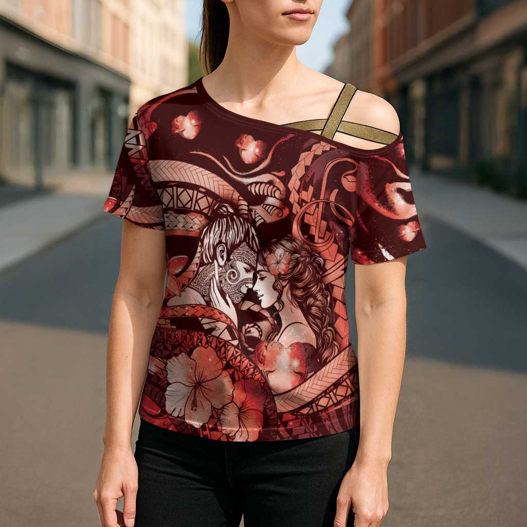 Personalised Maori Romantic Valentine Cross Shoulder Shirt The Hongi Kiss Red Galaxy
