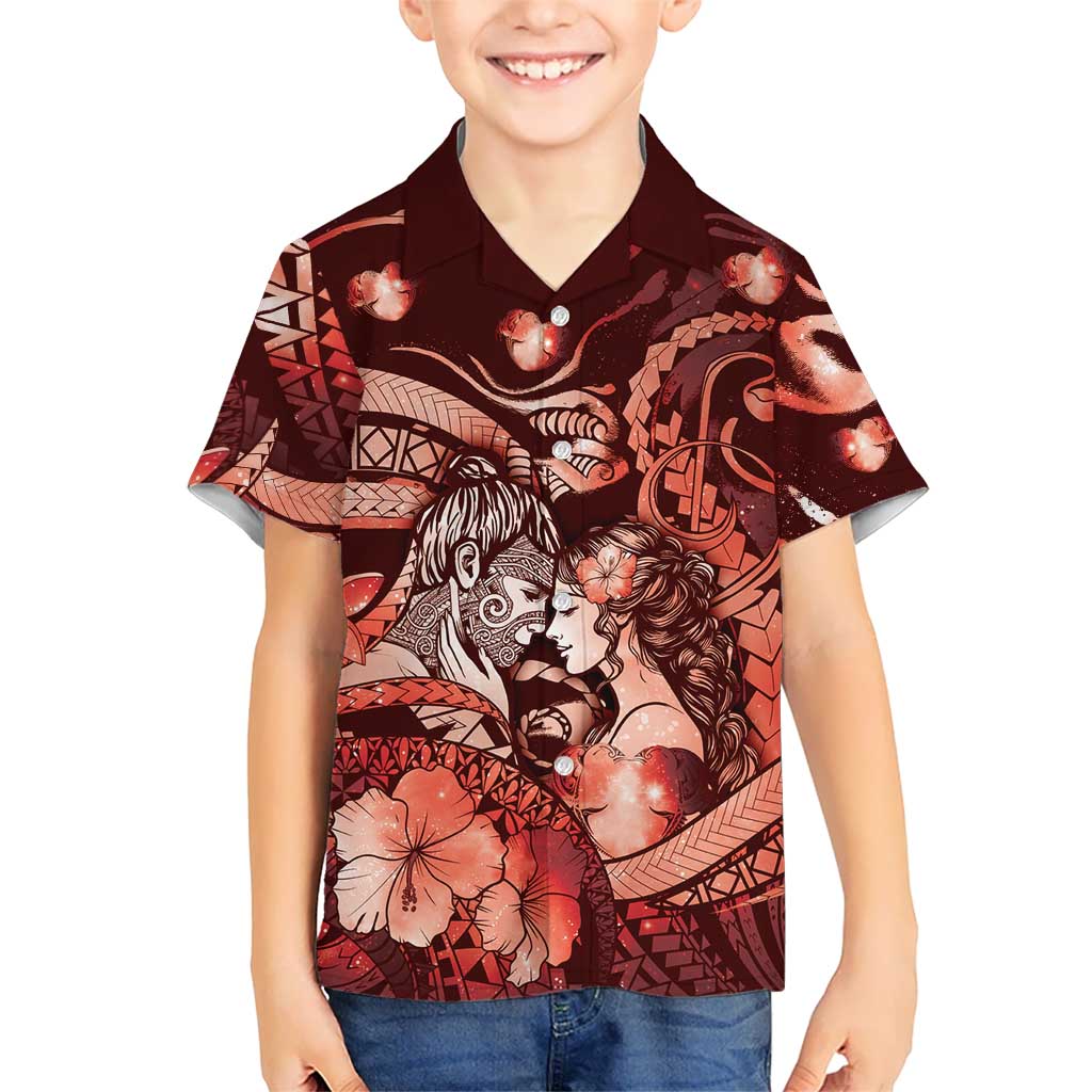 Personalised Maori Romantic Valentine Family Matching Long Sleeve Bodycon Dress and Hawaiian Shirt The Hongi Kiss Red Galaxy DT05 Son's Shirt Red - Polynesian Pride