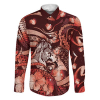 Personalised Maori Romantic Valentine Family Matching Off Shoulder Maxi Dress and Hawaiian Shirt The Hongi Kiss Red Galaxy DT05 Dad's Shirt - Long Sleeve Red - Polynesian Pride