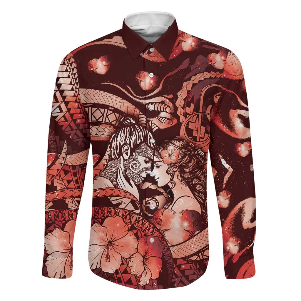 Personalised Maori Romantic Valentine Family Matching Short Sleeve Bodycon Dress and Hawaiian Shirt The Hongi Kiss Red Galaxy DT05 Dad's Shirt - Long Sleeve Red - Polynesian Pride