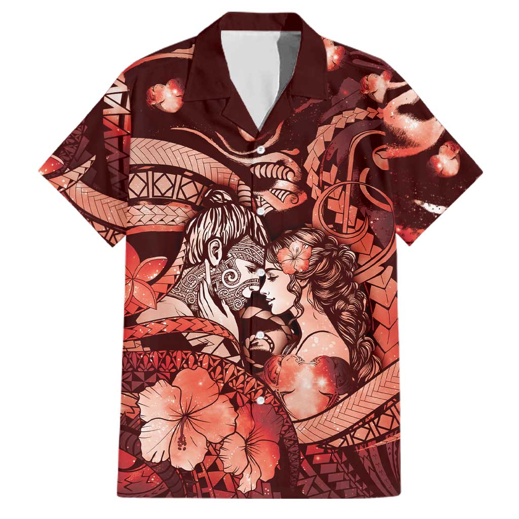 Personalised Maori Romantic Valentine Family Matching Tank Maxi Dress and Hawaiian Shirt The Hongi Kiss Red Galaxy DT05 Dad's Shirt - Short Sleeve Red - Polynesian Pride