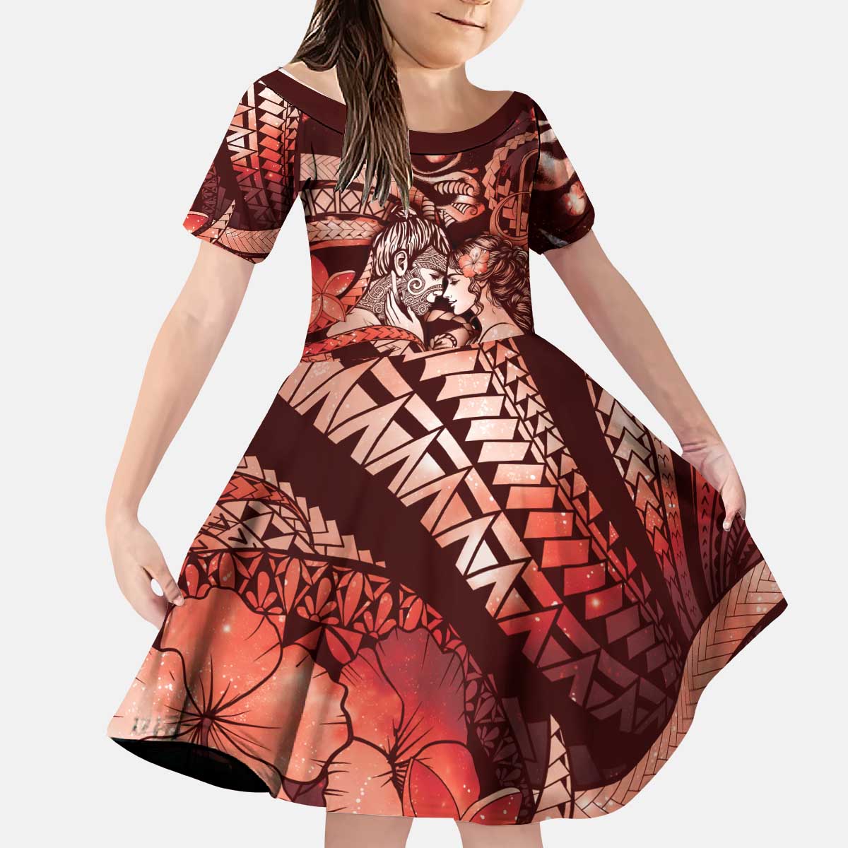Personalised Maori Romantic Valentine Kid Short Sleeve Dress The Hongi Kiss Red Galaxy DT05 KID Red - Polynesian Pride