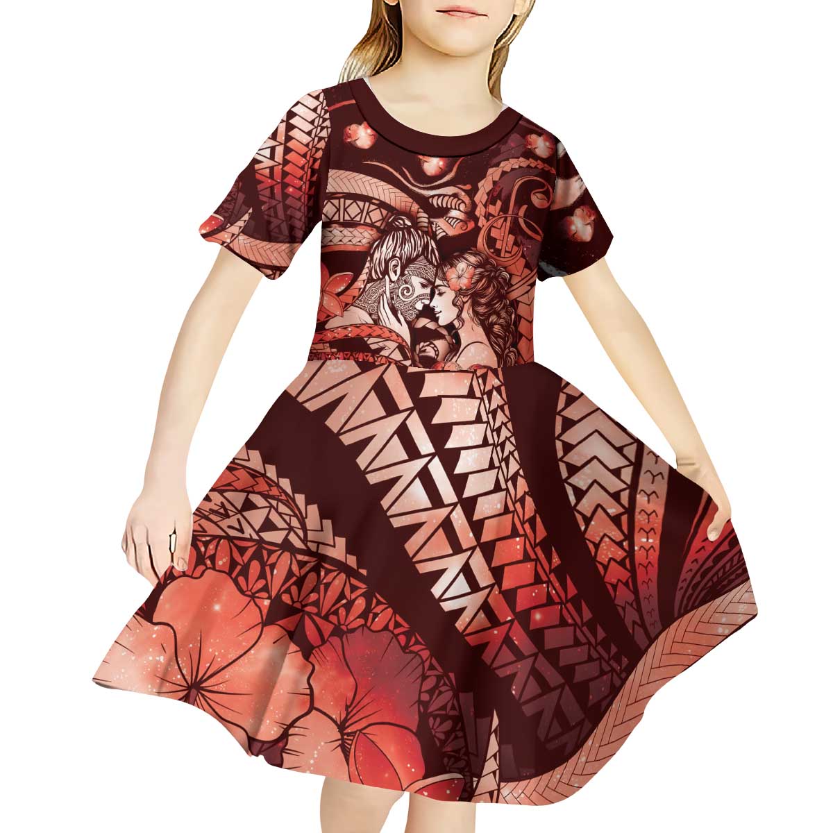 Personalised Maori Romantic Valentine Kid Short Sleeve Dress The Hongi Kiss Red Galaxy DT05 - Polynesian Pride