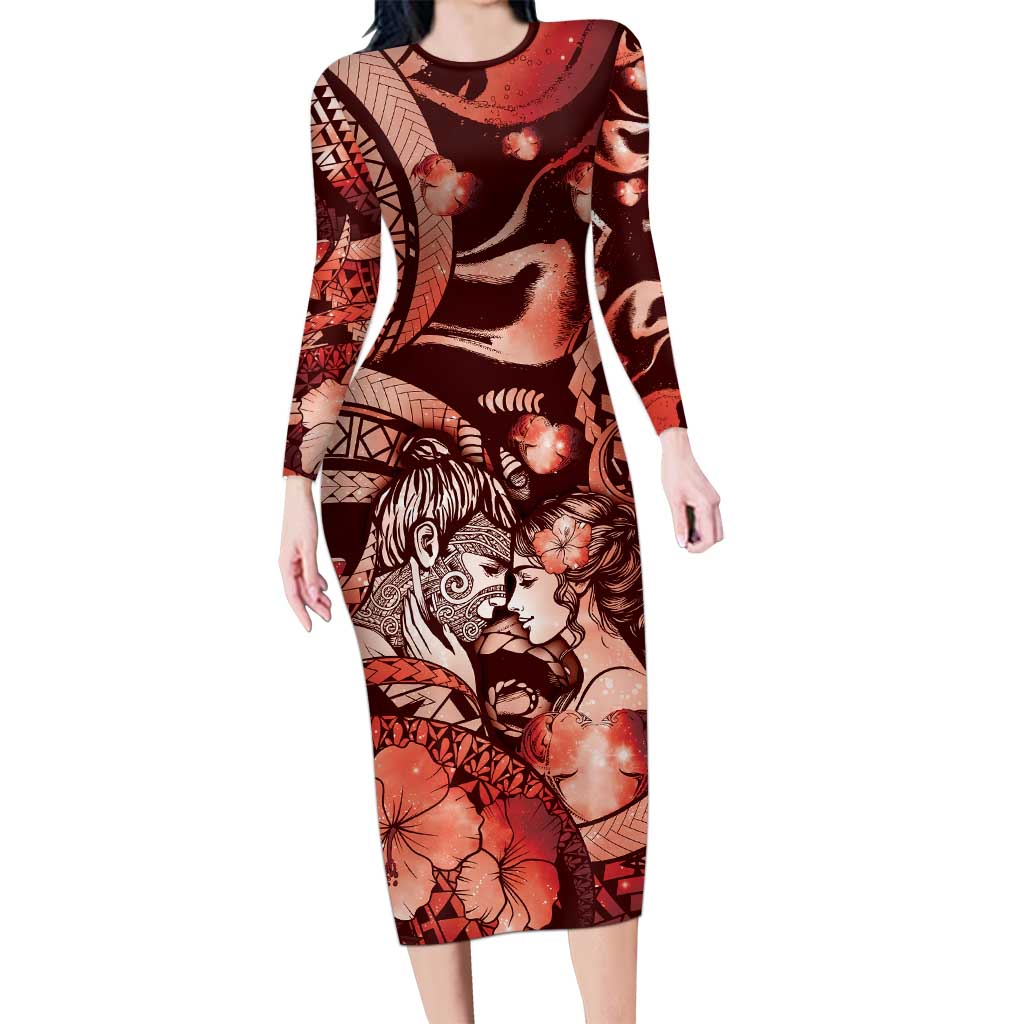 Personalised Maori Romantic Valentine Long Sleeve Bodycon Dress The Hongi Kiss Red Galaxy DT05 Long Dress Red - Polynesian Pride