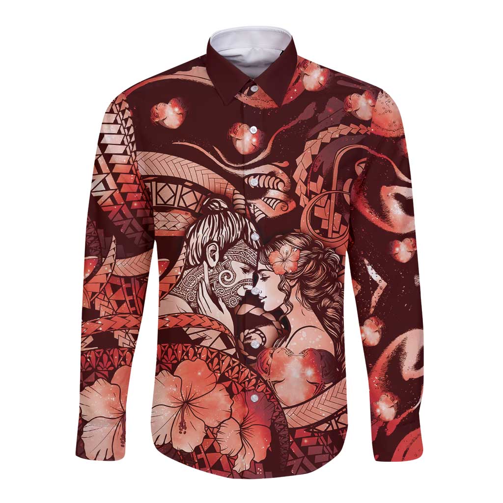 Personalised Maori Romantic Valentine Long Sleeve Button Shirt The Hongi Kiss Red Galaxy