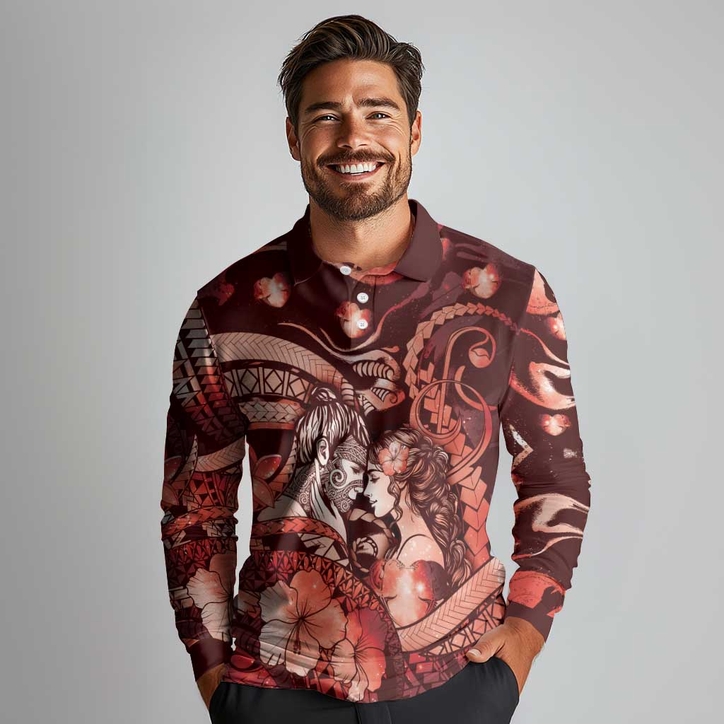 Personalised Maori Romantic Valentine Long Sleeve Polo Shirt The Hongi Kiss Red Galaxy DT05 - Polynesian Pride