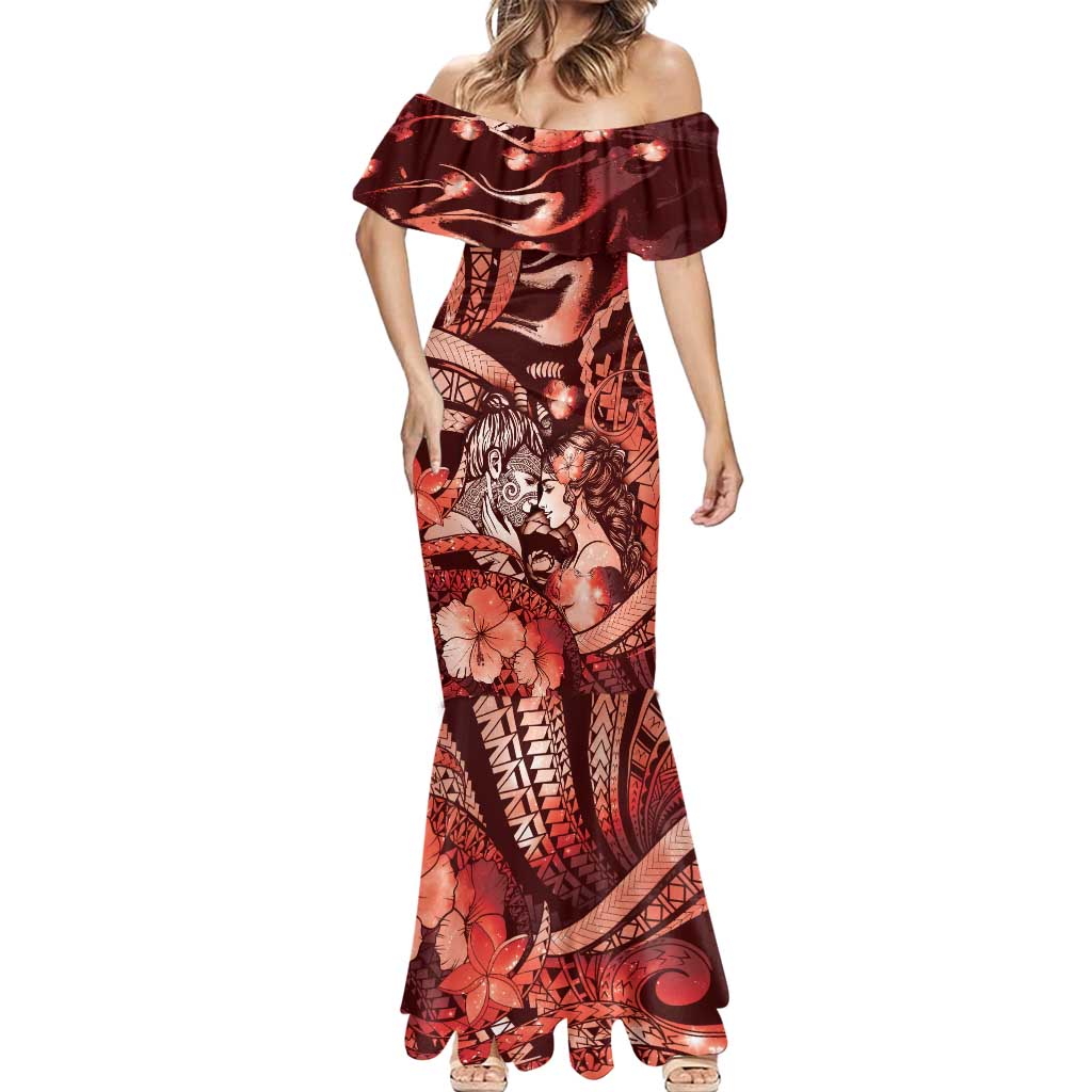 Personalised Maori Romantic Valentine Mermaid Dress The Hongi Kiss Red Galaxy DT05 - Polynesian Pride