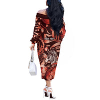 Personalised Maori Romantic Valentine Off The Shoulder Long Sleeve Dress The Hongi Kiss Red Galaxy DT05 - Polynesian Pride