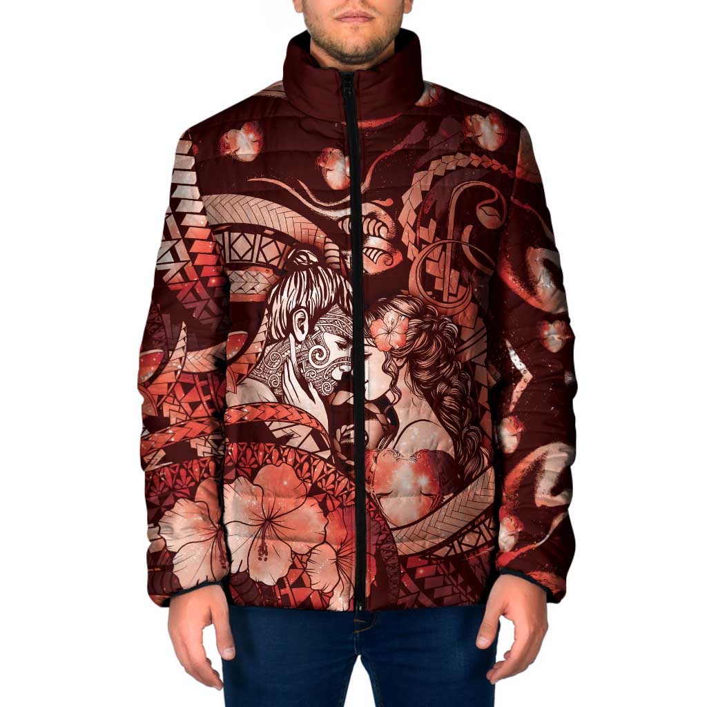Personalised Maori Romantic Valentine Padded Jacket The Hongi Kiss Red Galaxy