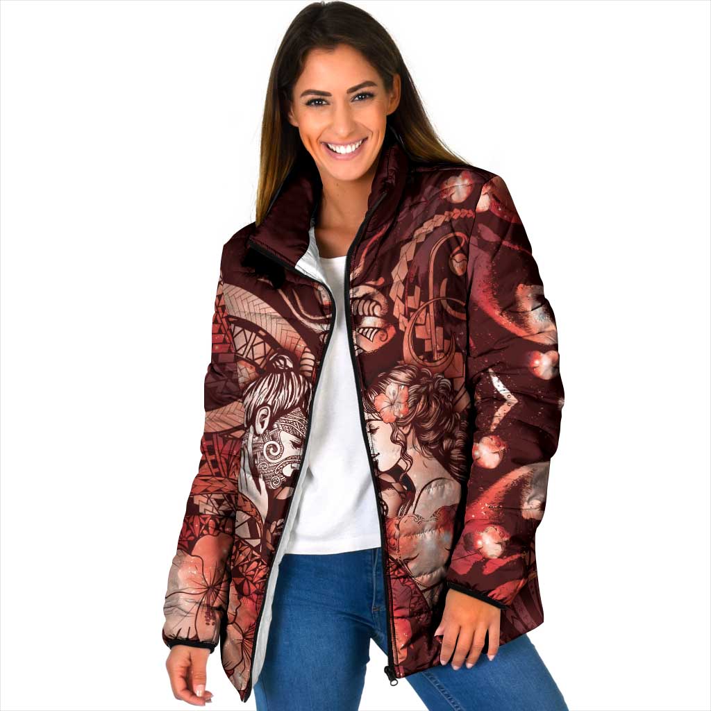 Personalised Maori Romantic Valentine Padded Jacket The Hongi Kiss Red Galaxy