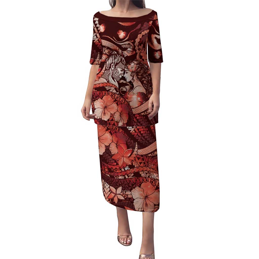 Personalised Maori Romantic Valentine Puletasi The Hongi Kiss Red Galaxy DT05 Long Dress Red - Polynesian Pride