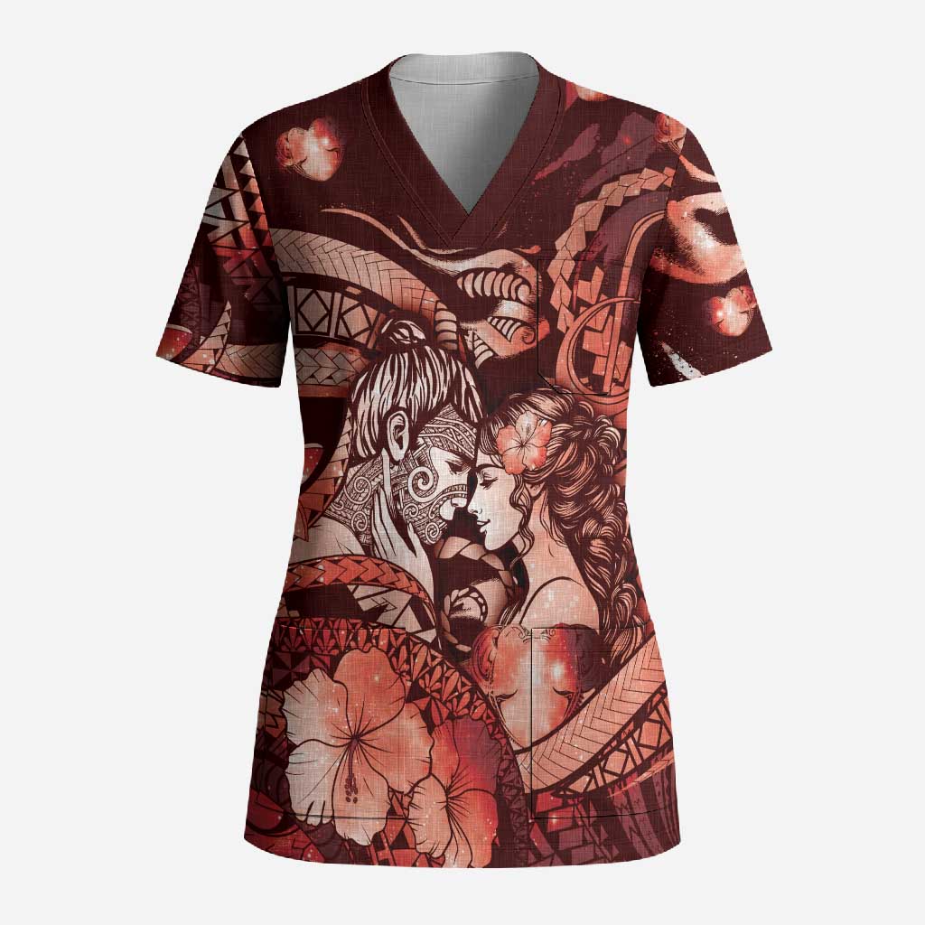 Personalised Maori Romantic Valentine Scrub Top The Hongi Kiss Red Galaxy
