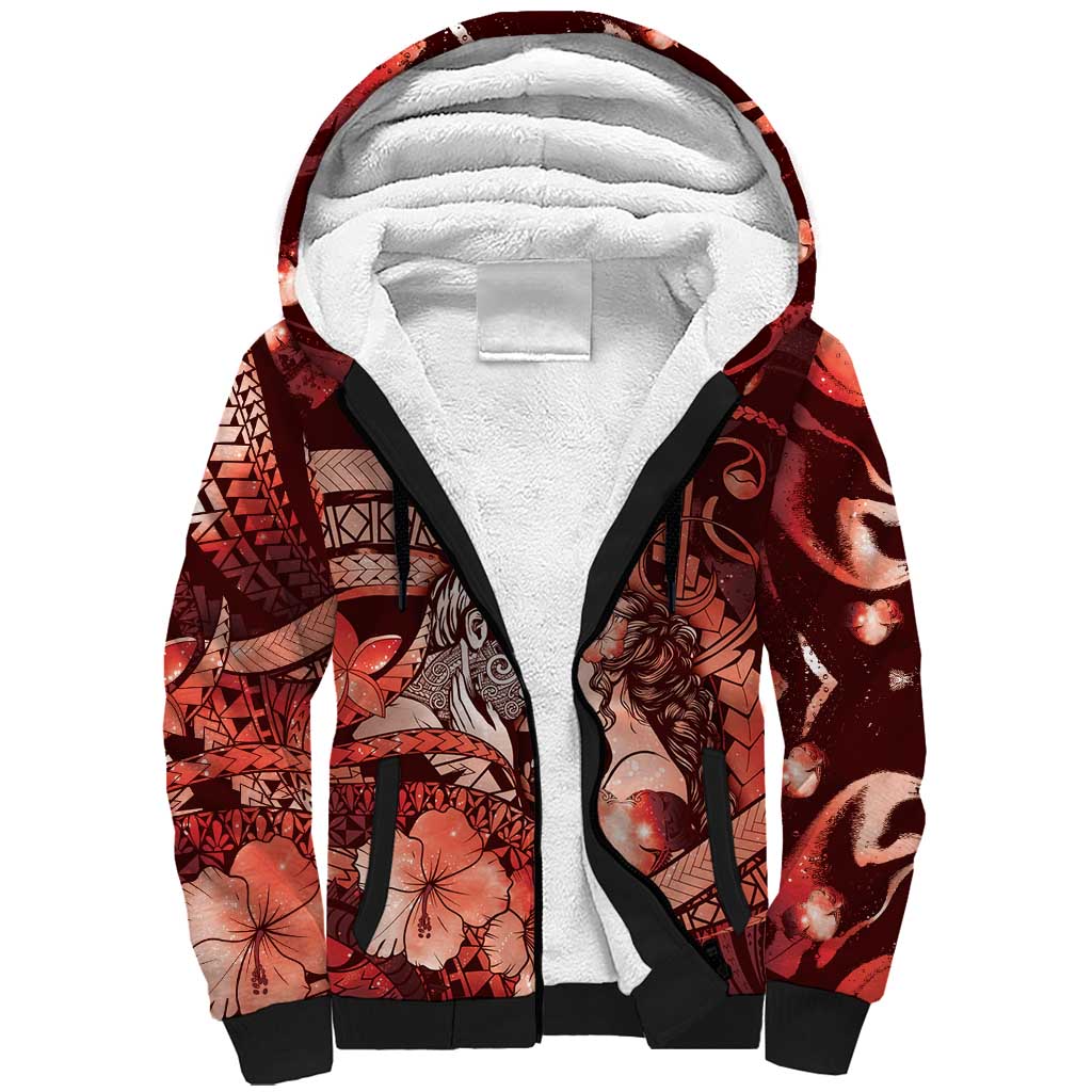 Personalised Maori Romantic Valentine Sherpa Hoodie The Hongi Kiss Red Galaxy DT05 Unisex Red - Polynesian Pride