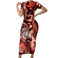Personalised Maori Romantic Valentine Short Sleeve Bodycon Dress The Hongi Kiss Red Galaxy DT05 Long Dress Red - Polynesian Pride