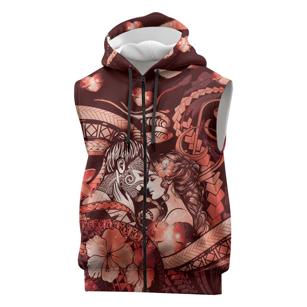 Personalised Maori Romantic Valentine Sleeveless Zip Hoodie The Hongi Kiss Red Galaxy DT05 Red - Polynesian Pride