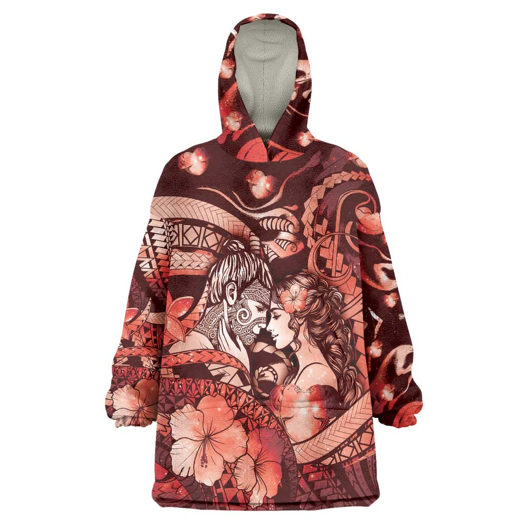 Personalised Maori Romantic Valentine Wearable Blanket Hoodie The Hongi Kiss Red Galaxy DT05 One Size Red - Polynesian Pride